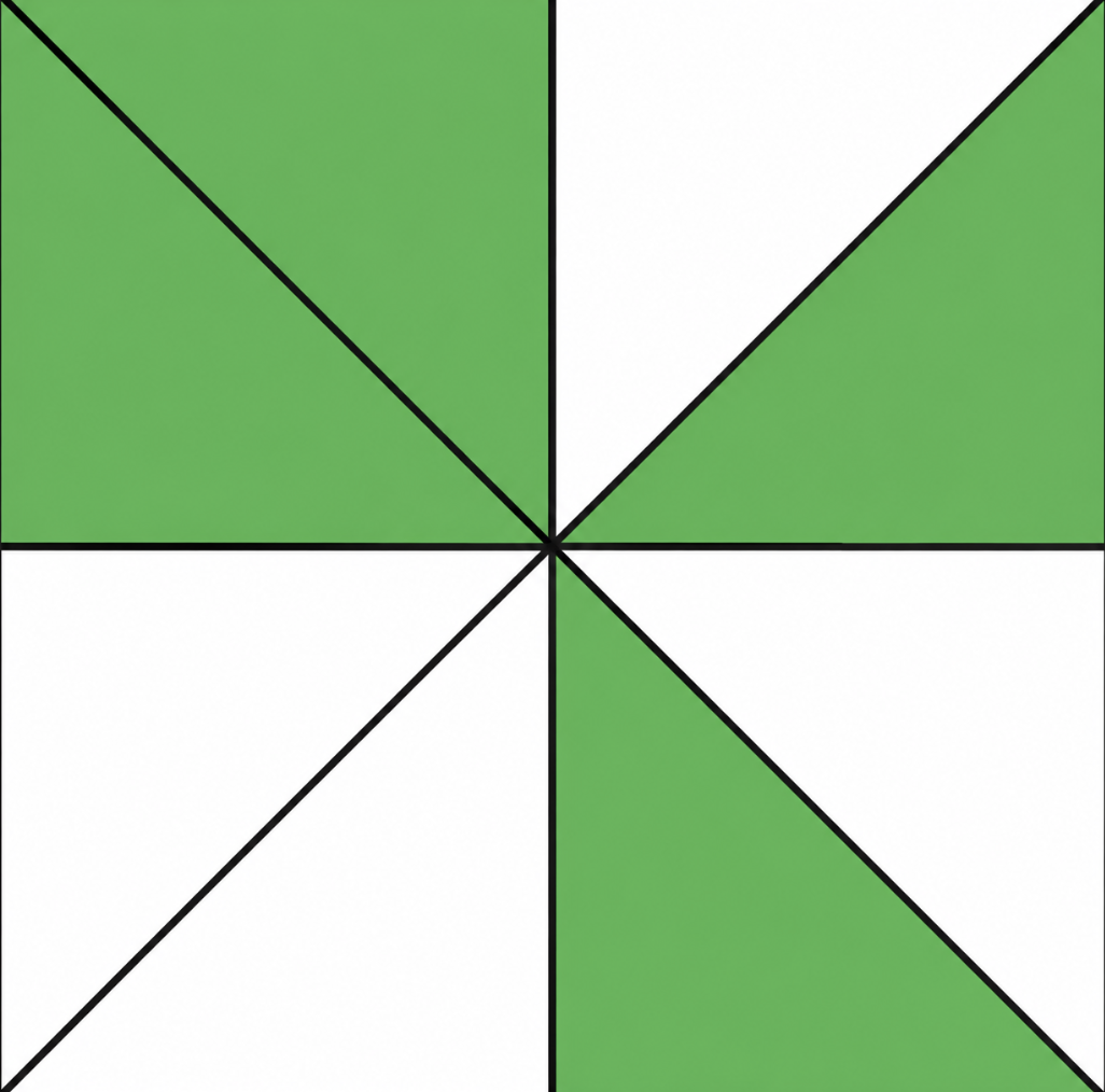 Quadrat mit diagonalen Linien und abwechselnd grünen und weißen Dreiecken.